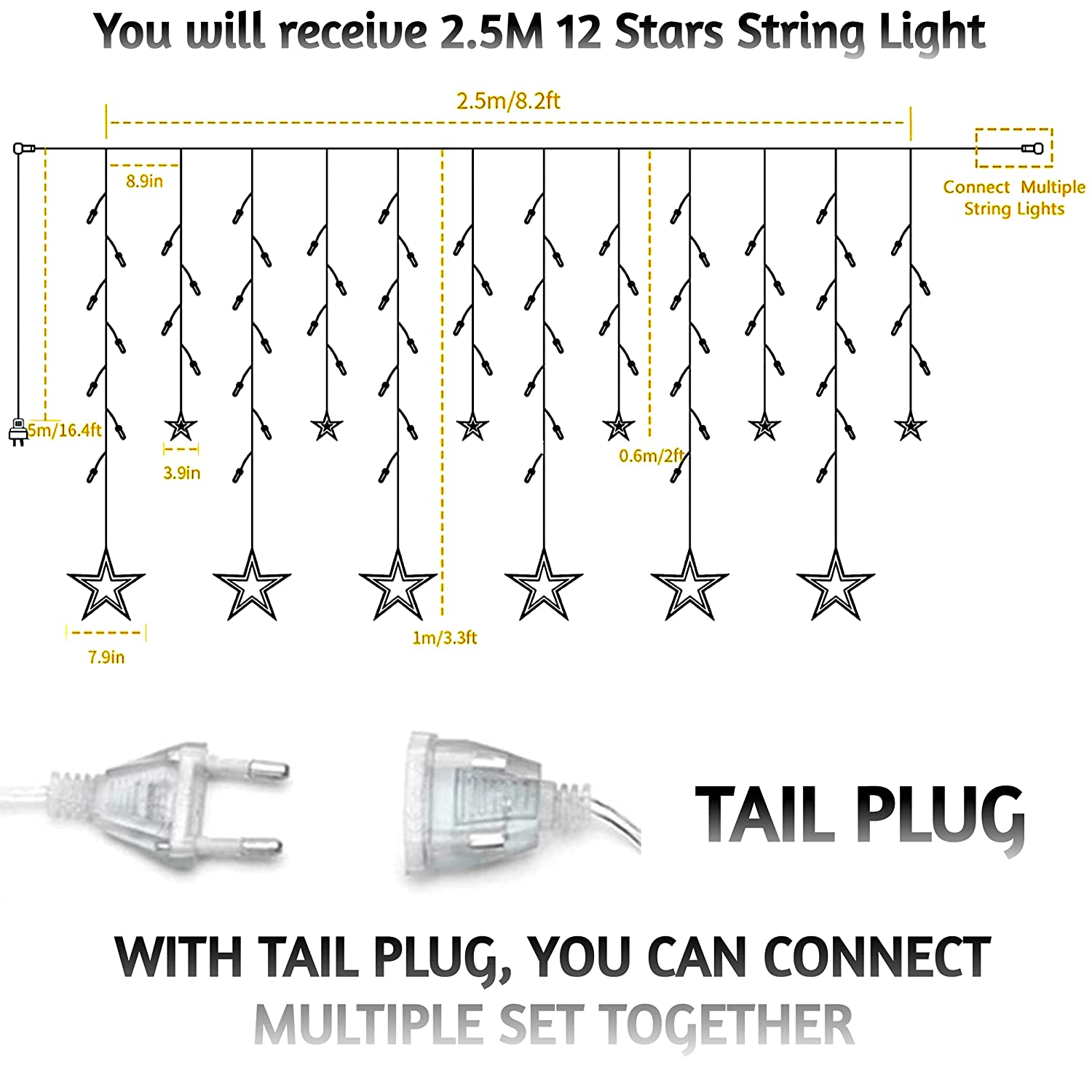 12 STARS CURTAIN LIGHT-Curtain String Lights, 2.5m 12 Stars 138 LED Window Curtain Lights Star Lights with 8 Flashing Modes Diwali Decoration String Lights for Christmas Wedding Party Home Garden, Warm White askddeal.com